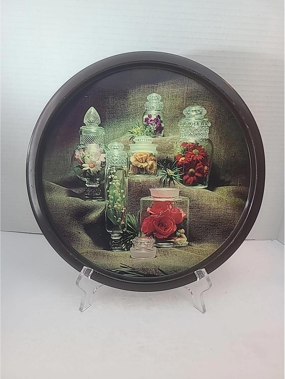 Vintage 10.5" 1970s Round Metal Toleware Decorative Tray Jars With Flowers